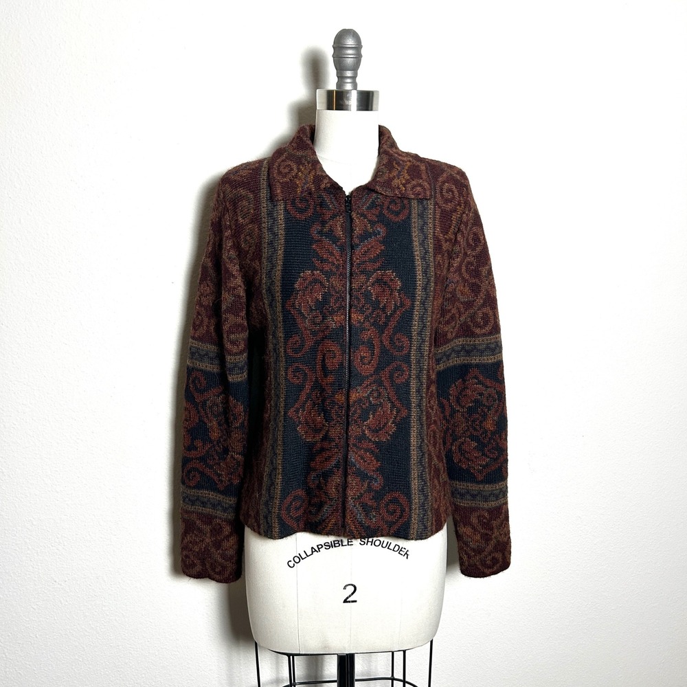 Peruvian Connection Brown Alpaca Damask Zip Front Knit Cardigan Jacket Womens XS